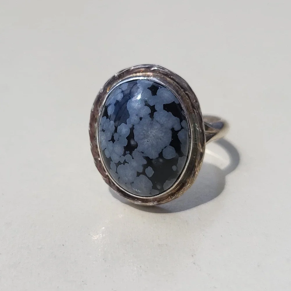 Vintage Sterling Silver Snowflake Obsidian Ring Size 7.5 Black Gray